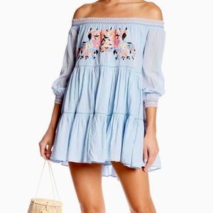 Free People Sunbeams Floral Embroidered Off The Shoulder Mini Dress - Blue